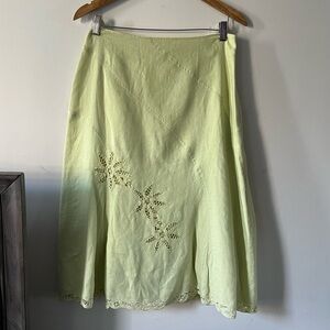 OLSEN 100 % Linen Embroidered Green Midi Summer Skirt Sz 6